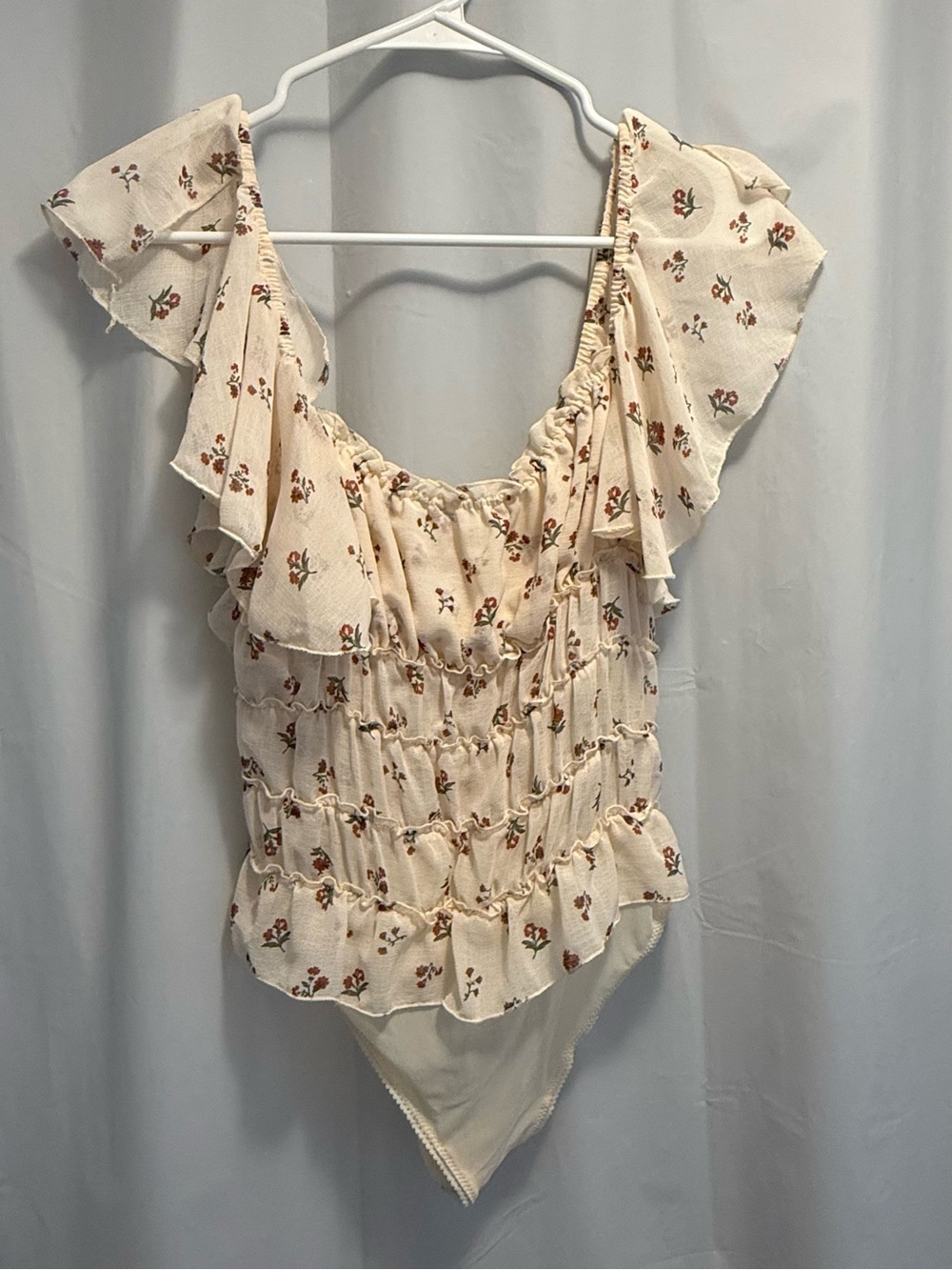 Free People Cream Floral Ruffle Smocked Bodysuit